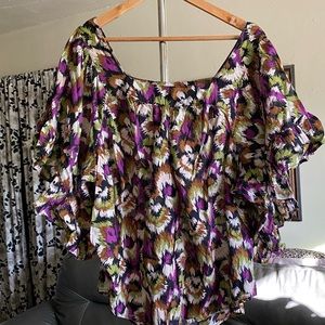 Terra & Sky 100% Cotton Purple & Green Abstract Ruffle Sleeve Top Plus S…
